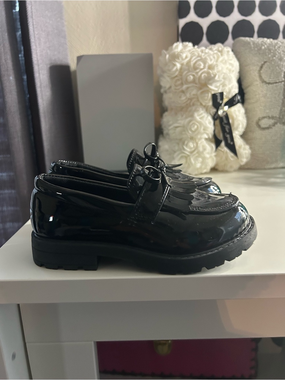 Kids Black Patent Fringe Loafers